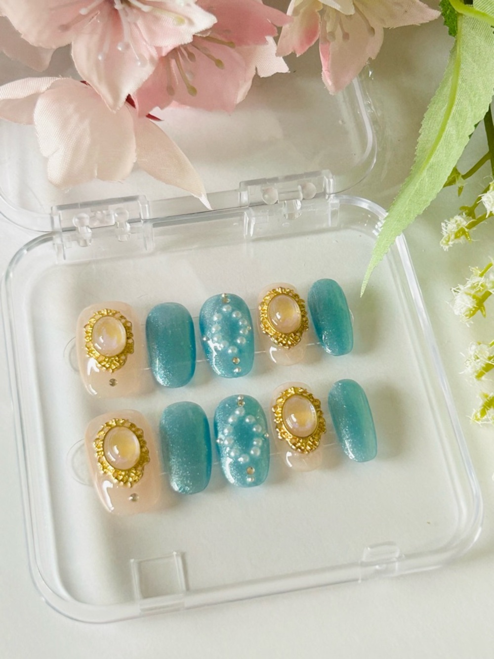 Handmade Blue & Nude Pearl Accent Press-On Nails with Gold Embellishments